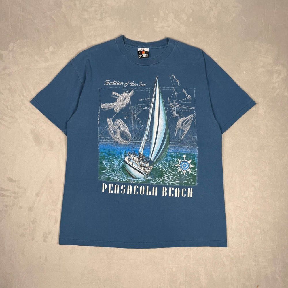 90s Mens Signal Sports Pensacola Beach Sailing Graphic T-Shirt Large